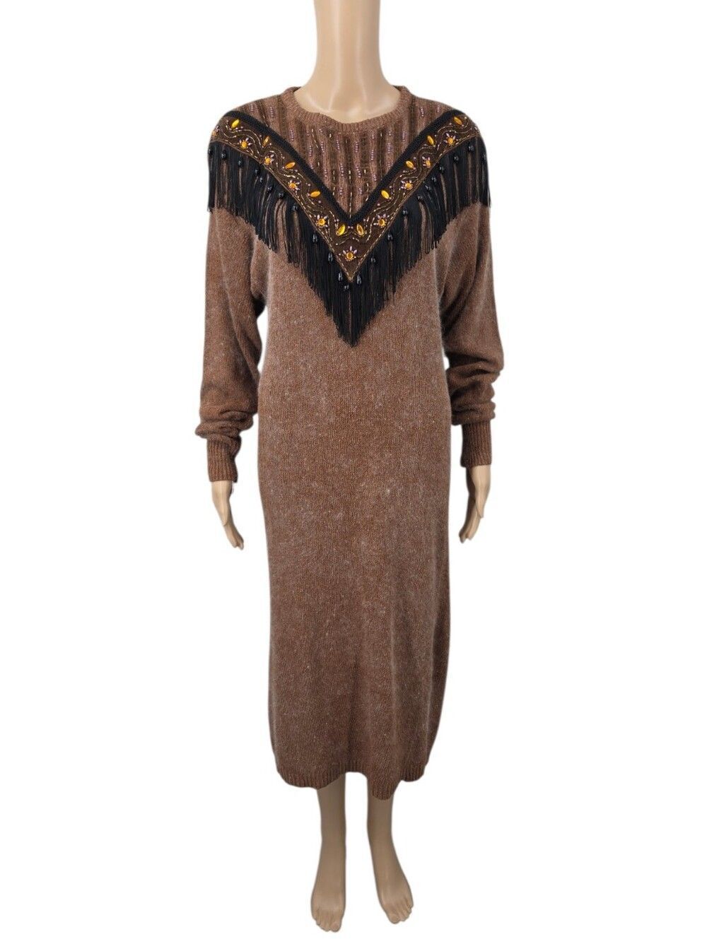 Vintage Germaine Astor 80s Tube Knit Sweater Dress Silk Angora Fringe Beaded